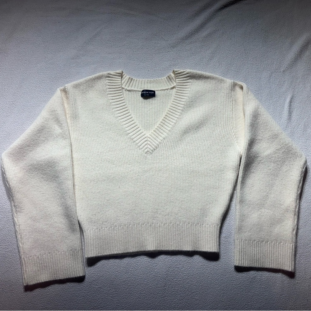 White Fox V-Neck Cream Sweater